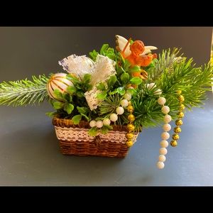 Vintage Mid-Century Christmas Greenery White/Gold Table Centerpiece with Angel